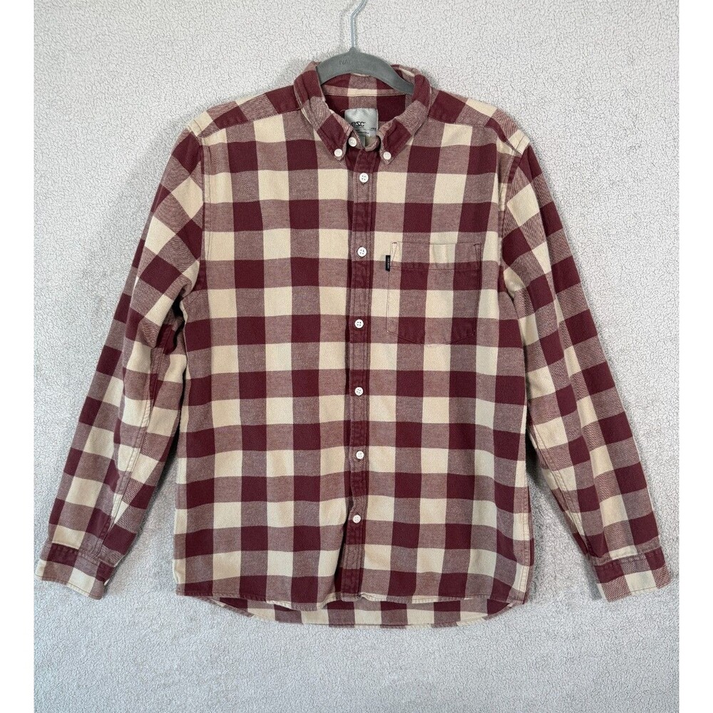 WeSC Mens Size Large Plaid Flannel Shirt Long Sleeve Burgundy Beige Button Down
